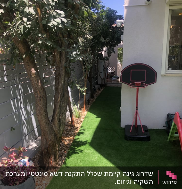 עצים ודשא מלאכותי בגינה קטנה